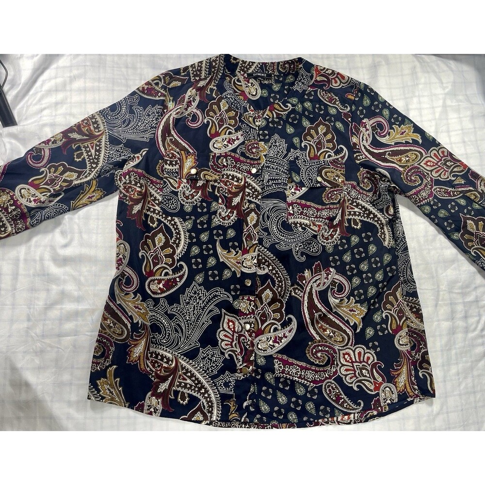 Elementz Women's Large Paisley Button-Down Blouse - Navy/Magenta/Gold